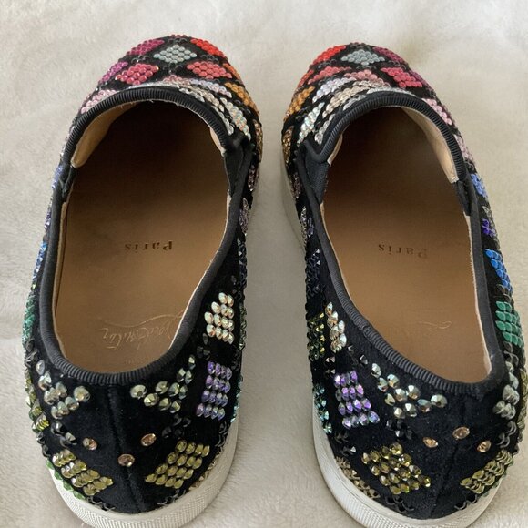 Christian Louboutin Multicolor Crystal Sneakers 7.5 Ladies Black Boat Roller - Picture 14 of 14